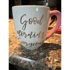 Young's Inc Good Morning Gorgeous Ceramic Coffee Mug White Pink Gold Script